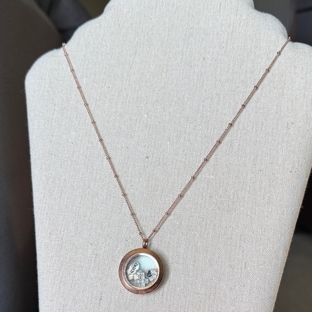 Origami Owl Rose Gold Round Locket Necklace with Silver Charms